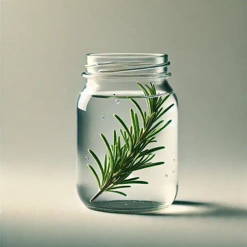 DALL·E 2024-09-20 16.19.43 - A simple, detailed image of a glass jar containing a fresh sprig of rosemary. The jar is clear, filled with water, showcasing the vibrant green of the