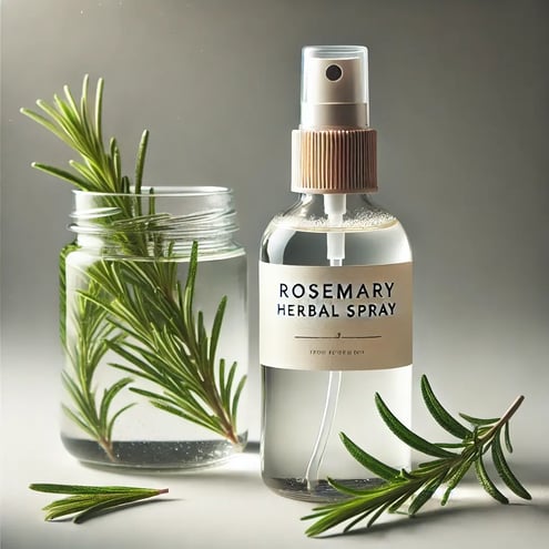 DALL·E 2024-09-20 16.24.52 - A high-quality image featuring a rosemary herbal spray bottle next to a clear glass jar filled with water and a fresh sprig of rosemary. The bottle ha
