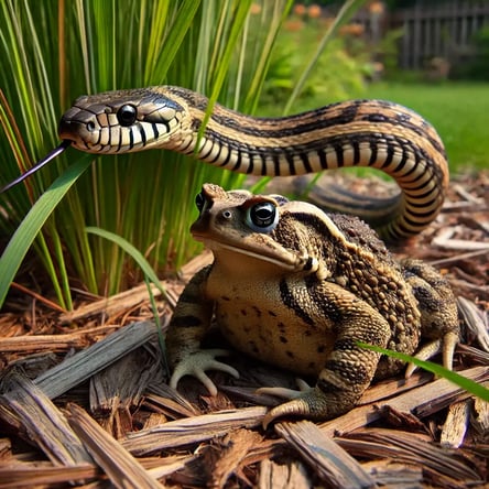 DALL·E 2024-09-20 19.35.31 - A large American woodhouse toad sitting in a garden with long grass, surrounded by wood chip mulch. The toad is resting calmly while a much larger gar