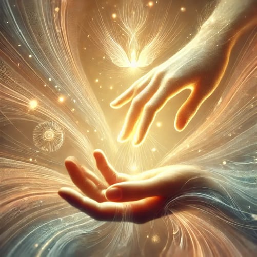 DALL·E 2024-09-22 11.42.26 - An artistic depiction of Healing Touch with hands of light. The image focuses on a pair of hands, gently held above an unseen figure, radiating soft
