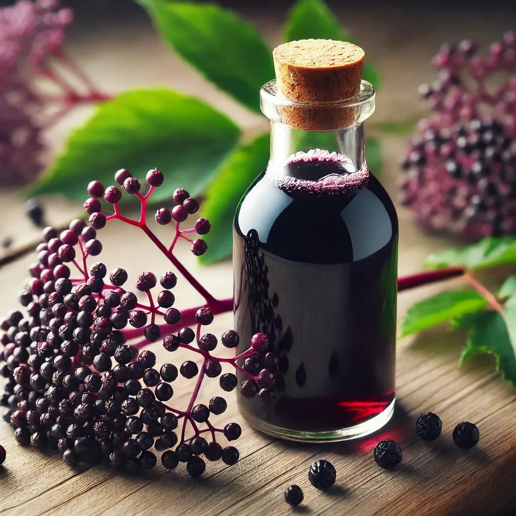 DALL·E 2024-09-22 12.22.51 - A close-up of fresh elderberries next to a bottle of elderberry syrup. The elderberries are dark purple, small, and clustered together on thin green s