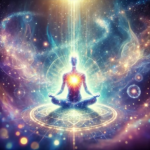 DALL·E 2024-09-23 15.43.22 - A serene, ethereal scene that represents going beyond the senses. The image shows a meditative figure seated in a lotus position at the center, their