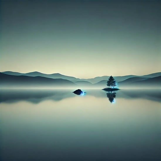 DALL·E 2024-09-23 15.44.53 - An image representing the concept of Silence. The scene is minimalist and peaceful, with a calm, still lake reflecting the soft hues of a clear sky