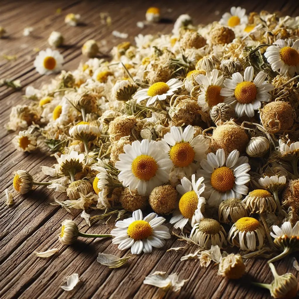 DALL·E 2025-01-24 17.27.08 - A hyper-realistic close-up of loose-leaf chamomile flowers for tea, featuring dried white petals and golden-yellow centers scattered naturally across