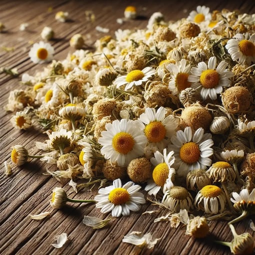 DALL·E 2025-01-24 17.27.08 - A hyper-realistic close-up of loose-leaf chamomile flowers for tea, featuring dried white petals and golden-yellow centers scattered naturally across