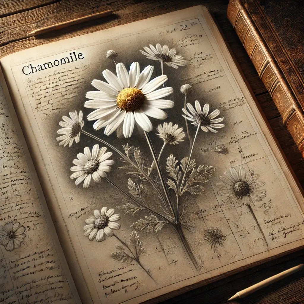 DALL·E 2025-01-24 17.29.30 - A realistic depiction of a chamomile flower sketch on a page of an old botanical book, with the paper slightly yellowed from age and faintly textured