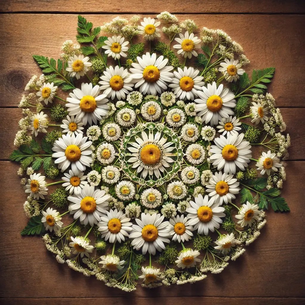 DALL·E 2025-01-24 17.41.56 - A beautifully intricate mandala made entirely of chamomile flowers, inspired by the style of the Herbcrafter’s Tarot. The mandala features white chamo