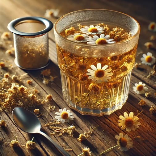 DALL·E 2025-01-24 18.03.43 - A photorealistic depiction of a glass of chamomile tea made with dried chamomile flowers. The clear glass cup is filled with golden, slightly transluc